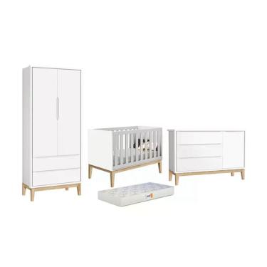 Imagem de Dormitório Classic 2 Portas, Cômoda com Porta com Pés Madeira Natural e Colchão D18 - Reller Móveis Branco