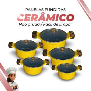 Imagem de Jogo De Panelas Cerâmica Cinza Antiaderente 5 Peças Amarelo Tampa De V