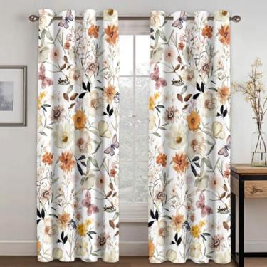 Imagem de Cortinas blackout florais de 213 cm de comprimento para sala de estar 132 x 213 cm, isolamento térmico, proteção de privacidade, 85% escurecimento, aquarela, padrão de flores silvestres, cortinas de