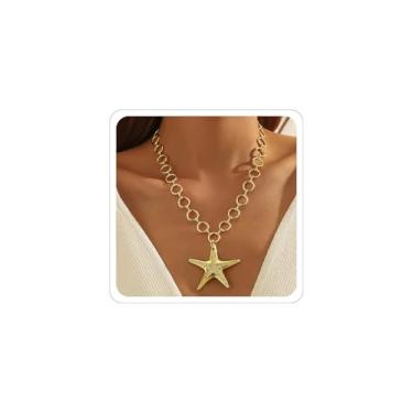 Imagem de ANGLEQUEEN Colar com pingente de concha dourada para mulheres, fantasia de sereia de estrela do mar, colares de praia boho surfista, colares delicados, acessórios de joias de férias de verão, Middle