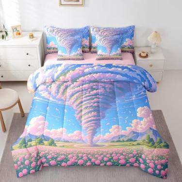 Imagem de Erosebridal Jogo de cama solteiro com estampa de tornados florais, flor rosa rosa, 7 peças, para crianças, adolescentes, cama de tornado romântico em uma bolsa, colcha de jardim com pétalas de