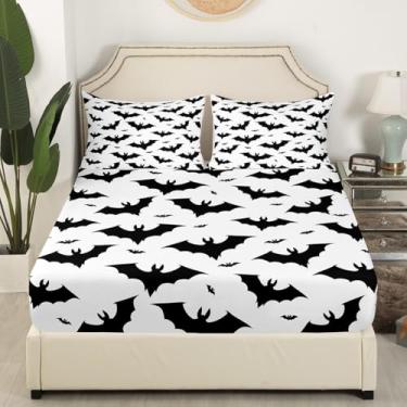 Imagem de Jogo de lençol solteiro com estampa de morcegos pretos e adolescentes, para decoração de quarto de crianças, meninos e meninas, preto e branco, com 1 fronha