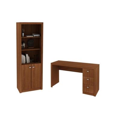 Imagem de Escritório com Mesa para Computador c/ 3 Gavetas e Armário c/ Prateleiras 2 portas Amendoa - FdECOR