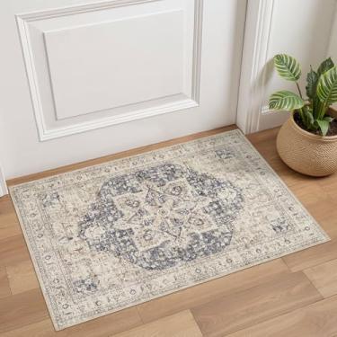 Imagem de Tortania Tapete de área 5 x 7 cm - lavável vintage oriental fazenda macia tapete interno fino para sala de estar quarto corredor entrada cozinha - creme/azul