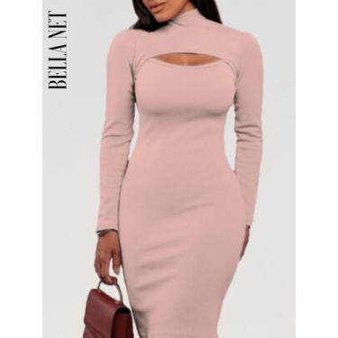 Imagem de Vestido Tubinho Manga Longa Gola Alta Decotado Moda Gringa - Laranja Q