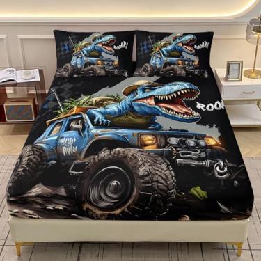 Imagem de AILONEN Jogo de lençol solteiro de caminhão monstro azul rugindo, carro de dinossauro rugindo, caminhão, esportes radicais, para decoração de quarto de meninos, 3 peças, 1 jogo de lençol + 2 fronhas