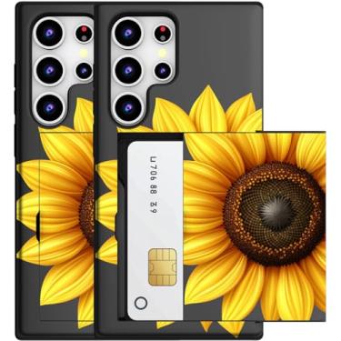 Imagem de MUQR Capa compatível com Samsung Galaxy S23 Ultra com suporte de cartão fofo - Design Kawaii, proteção contra quedas de nível militar, capa carteira robusta para mulheres (arte de girassol preto e