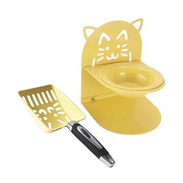 Imagem de Gralara Tigela elevada para gatos, pá de areia para gatos, peneira de malha com alça para cocô de gatinhos para áreas externas, Amarelo