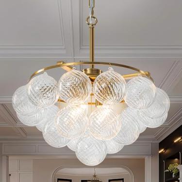 Imagem de BeyPan Lustre De Vidro Bolha Dourado, 3 Níveis, Redondo, Com Nervuras, Transparente, Soprado, 4 Luzes, 20" Diâmetro, Altura Ajustável, Luminária Pendente Para Quarto, Restaurante, Sala Jantar