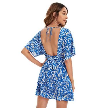 Imagem de Floerns Vestido curto feminino floral tropical profundo decote V laço aberto nas costas verão, Azul royal, M