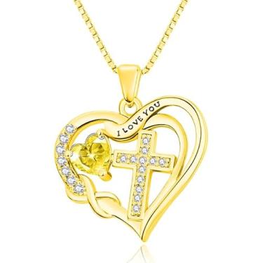 Imagem de VANAODUC Colar feminino com cruz infinita com pedra do mês de nascimento, ouro 14K, ouro branco 18K, ouro rosa, pingente feminino I Love You, presente de aniversário e Natal para sua mãe e esposa