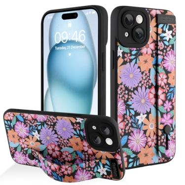 Imagem de AIGOMARA Capa para iPhone 15 Plus com alça para mulheres e meninas, linda estampa de flores florais coloridas, capa protetora de silicone com suporte de faixa macia, preta