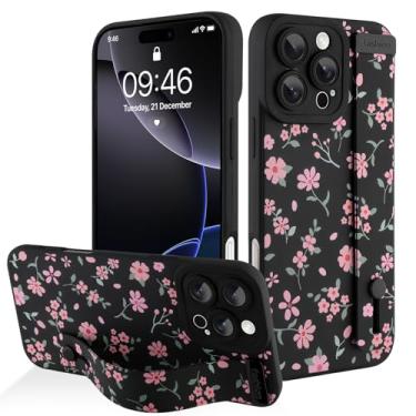 Imagem de AIGOMARA Capa para iPhone 16 Pro Max com alça para mulheres e meninas, linda estampa floral rosa, capa protetora de silicone com suporte de faixa macia, preta