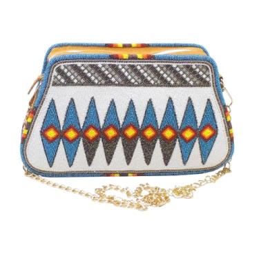 Imagem de La Vivia Bolsa de ombro feita à mão com contas para mulheres | Bolsa tiracolo moderna | Bolsa clutch de couro estilo nativo americano | Padrão geométrico de diamante| Branco e azul com corrente