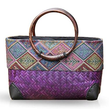 Imagem de QTKJ Bolsa de praia de verão, bolsa boho feita à mão em vime, alça redonda de bambu, grande padrão retrô de palha para férias na praia diariamente (roxa), Roxa