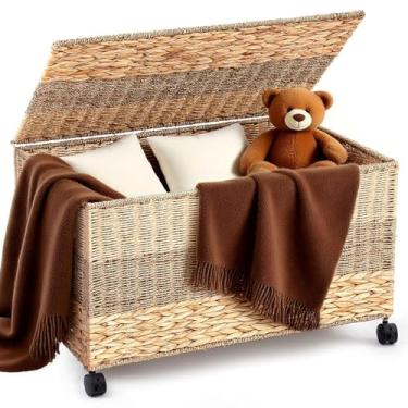 Imagem de Cinnvoice 160 litros, porta-malas de vime com rodas e tampa, caixa de armazenamento resistente, caixa de brinquedo, grande, jacinto de água para quarto, lavanderia, tricolor