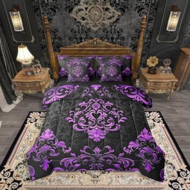 Imagem de Erosebridal Conjunto de edredom gótico preto roxo com 7 peças, vintage, boêmio, damasco, floral, boêmio, exótico, gótico, para crianças e adultos, conjunto de lençol com flores barrocas vitorianas