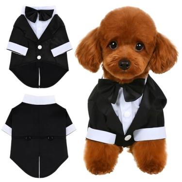 Imagem de Smoking para cães, terno de smoking para cães com gravata borboleta, smoking para cães e gatos pequenos, vestido de casamento para animais de estimação, camisa de gravata borboleta para cachorrinho