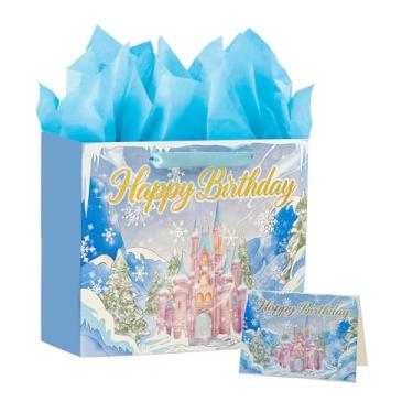 Imagem de PrintGuru Bolsa grande de presente de feliz aniversário de 33 cm com papel de seda, cartão de felicitações e alças de fita para aniversário, bolsa de presente Frozen, 33 cm L x 26 cm A x 12 cm P