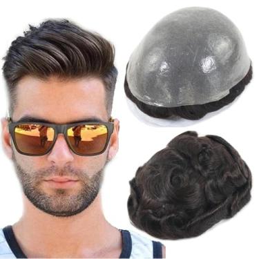 Imagem de blazingfire Peruca masculina ultrafina de 0,06 mm, cabelo humano indiano, nó invisível, laço em V, sistema de substituição de cabelo com base de poliuretano, 20 x 25 cm, nº 2, marrom escuro