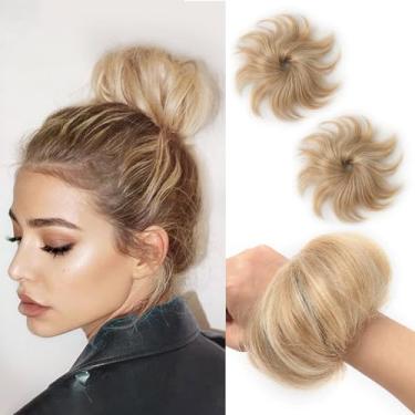 Imagem de FGZJMAE Coque de cabelo humano ondulado loiro acinzentado realçado rosquinha loira elástica fofa despenteada updo extensões de rabo de cavalo (2 unidades #P18-613