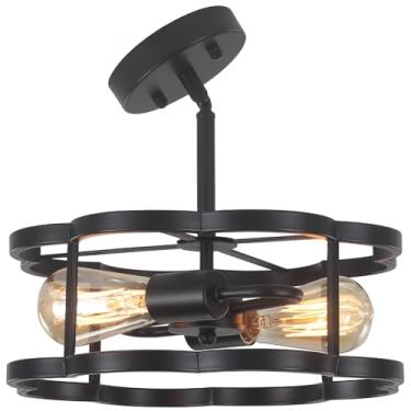 Imagem de Luminária de teto de montagem semi-embutida, luminárias de tetos inclinados, lustre de 2 luzes de flor de fazenda preta, iluminação de metal de altura ajustável para cozinha, sala de jantar, entrada
