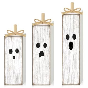 Imagem de 3 peças, decoração de mesa de Halloween, fantasma branco, bandeja em camadas, decoração fofa, fantasmas de madeira, centros de mesa, placa de bloco de fantasma de madeira rústica para decoração de