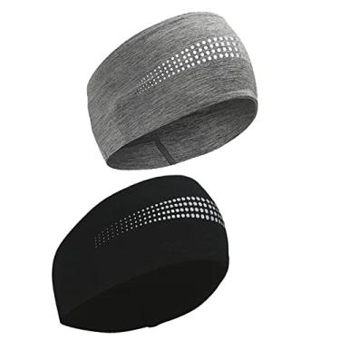 Imagem de TrailHeads Faixa de cabeça feminina com rabo de cavalo refletiva, absorvente de umidade para corrida, inverno - série adrenalina - preto/cinza mesclado refletivo - pacote com 2