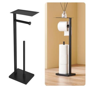 Imagem de Chiunikoo Suporte de papel higiênico independente – Porta-lenços de banheiro de aço inoxidável com bandeja de armazenamento e organizador de rolo, design quadrado (preto fosco)