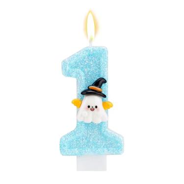 Imagem de Velas Halloween para 1º Aniversário, Velas Brilhantes com Design de Fantasma de Halloween para 1º Aniversário Crianças e Meninos Decoração Bolo (Azul)