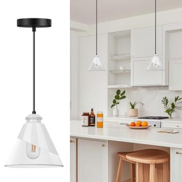 Imagem de URSOLA Luminária pendente de vidro transparente branco moderno, luzes pequenas de ilha nórdica única, luz de suspensão ajustável para sala de jantar da ilha da cozinha, sombra de 17,8 cm, cabo de 6 a