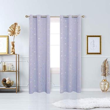 Imagem de Deconovo Cortinas blackout padrão constelação folha impressa, cortinas de janela com bloqueio de ilhós para quarto de bebê (roxo claro, 107 x 183 cm, 2 painéis)