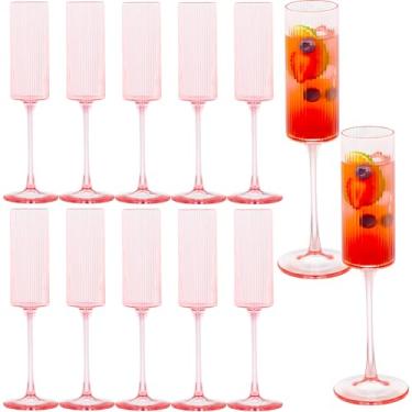 Imagem de JLYLOL 12 peças de taças de champanhe de plástico rosa de 170 g taças de champanhe com nervuras grandes para brindar taças de plástico de vidro para festas vintage Mimosa Copos de bar elegantes para