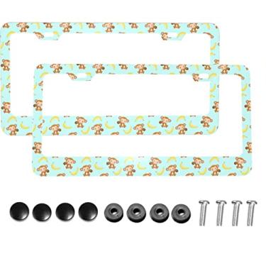 Imagem de Dujiea 2 peças de moldura de placa de carro de alumínio macaco e banana amarela com tampas de rosca, 2 furos para moldura de placa de carro para veículos padrão dos EUA