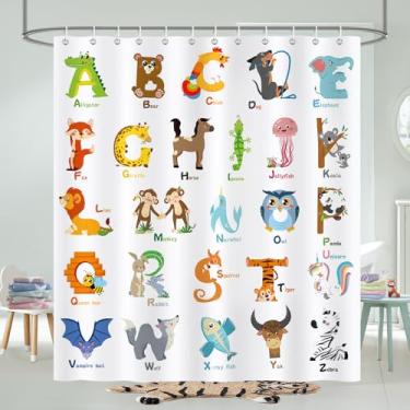 Imagem de COZZSNUGE Cortina de chuveiro infantil ABC, desenho animado colorido alfabeto animal cortina de chuveiro impermeável poliéster para banheiro com 12 ganchos, 182 x 182 centímetros