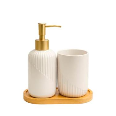 Imagem de Kit Lavabo Luxo com dispenser de sabonete líquido, porta-escovas multifuncional e bandeja de bambu. Decore com elegância. (Branco)