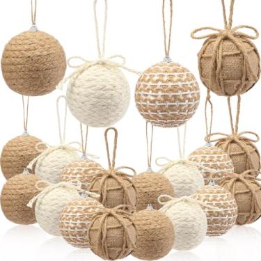Imagem de Leyndo 16 peças de enfeites de bola de Natal de serapilheira de 8,5 cm rústico para casa de fazenda, enfeites de árvore de Natal, corda de juta neutra, bolas penduradas, boho, para decoração de festa
