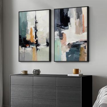 Imagem de Arte de parede abstrata colorida emoldurada grande, conjunto de 2 pinturas modernas em tela para paredes, azul brilhante e verde, imagens multicoloridas para sala de estar, corredor, sala de jantar