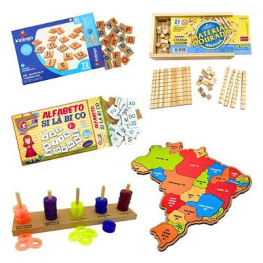 Imagem de Kit 5 Brinquedo Educativo Ensino Fundamental Ábaco + Material Dourado 