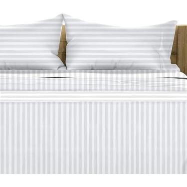 Imagem de Conjunto de lençóis de luxo 4 peças premium de qualidade de hotel, macio e macio, tamanho Queen - bolso profundo de 45,7 cm 100% algodão egípcio 800 fios - listras brancas