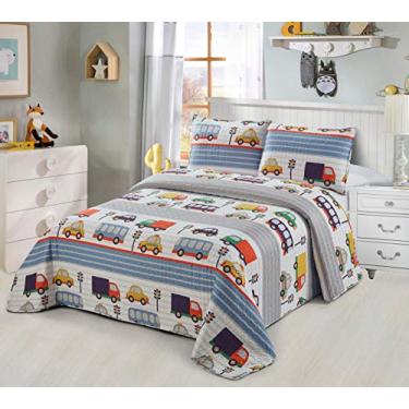 Imagem de Better Home Style Conjunto de colcha de cama azul com tema de carros caminhões, ônibus, táxis, ruas da cidade, crianças, meninos, crianças, com capa nº de transporte (Twin)