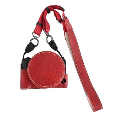 Imagem de Capa R50 V, capa BMAOLLONGB feita à mão de couro PU meia câmera versão abertura inferior para Canon Eos R50 V R50V com alça de pescoço capa para lente (vermelha)