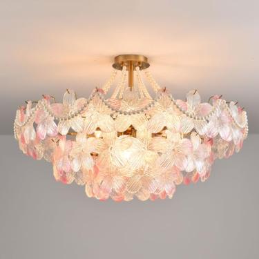 Imagem de Lustre de flor rosa para quarto de meninas, decoração de pérolas, moderno, semi-embutido, luz de teto, grande, pendente, lustre de tambor para sala de jantar, banheiro infantil, hall de entr