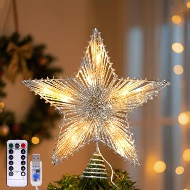 Imagem de Topo de estrela de Natal, topo de estrela de árvore de Natal 3D de 24 cm com 30 luzes LED e controle remoto, 8 modos de iluminação, função de tempo, para decoração de casa de árvore de Natal (prata)