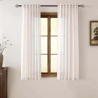 Imagem de Cortinas de linho creme, 160 cm de comprimento, conjunto de 2 painéis para sala de estar, bolso traseiro, varão, semitransparente, filtro de luz, cortina de janela para quarto de 160 cm de comprimento