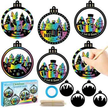 Imagem de CY2SIDE 60 peças de enfeites de árvore de Natal de inverno, conjunto de presente de raspadinha para crianças, arte de papel de raspar pendurada de Natal DIY para atividades escolares de crianças, kit