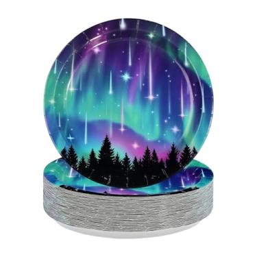 Imagem de 50 peças de pratos de papel Aurora Boreal 22,88 cm resistentes descartáveis boreais boreais pratos de sobremesa decorações de festa de estrela cadente para noite estrelada despedida de solteira