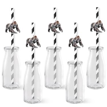 Imagem de Serencatcher 50 canudos de papel com tema de gorila, lembrancinhas de festa de aniversário de gorila, canudos de papel listrados decorativos para meninos, tema de orangotango, aniversário, chá de bebê