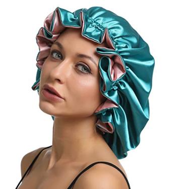Imagem de Sengterm Touca feminina grande de cetim ajustável sedosa capota de cabelo dupla camada reversível para cabelo cacheado, cabelo natural (GG, adulto, GG, rosa-verde)