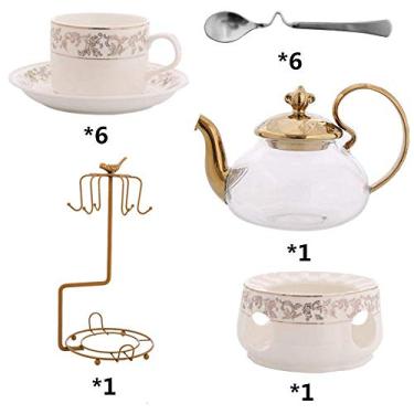 Imagem de Conjunto de chávenas de chá e café, luxuoso, estilo europeu, conjunto de xícaras de chá de cerâmica com acabamento dourado, incluindo 6 peças, xícara de chá e colher com suporte de metal
